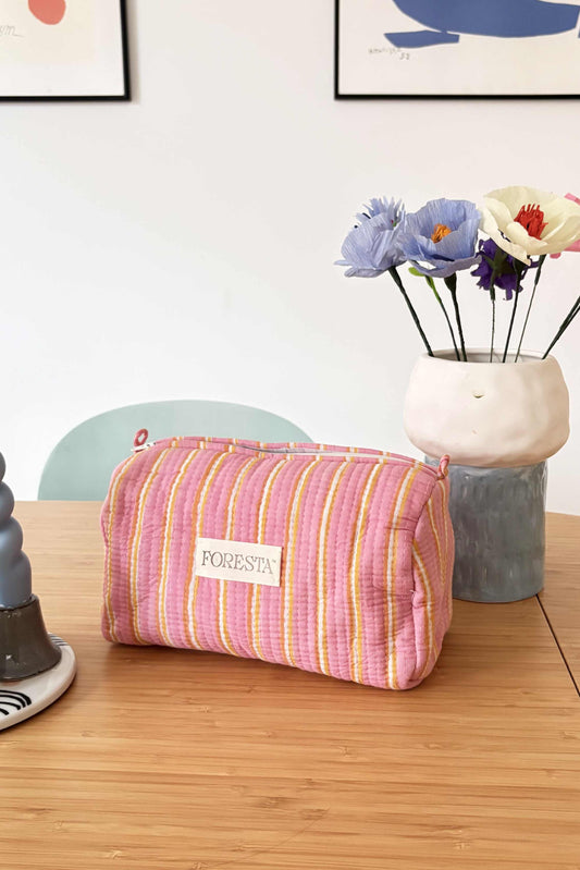 Pink Striped Quilted Makeup Bag